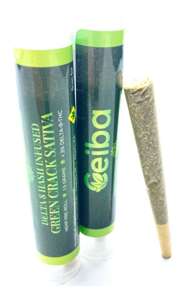 image of two ceiba green crack pre-rolls packaged and a joint next to them