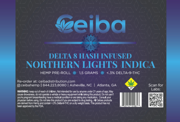 image of northern lights indica hemp pre-roll package label